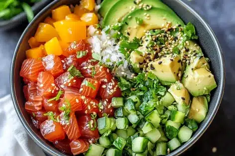 A colorful poke bowl with fresh salmon, avocado, cucumber, mango, and sesame seeds over white rice.