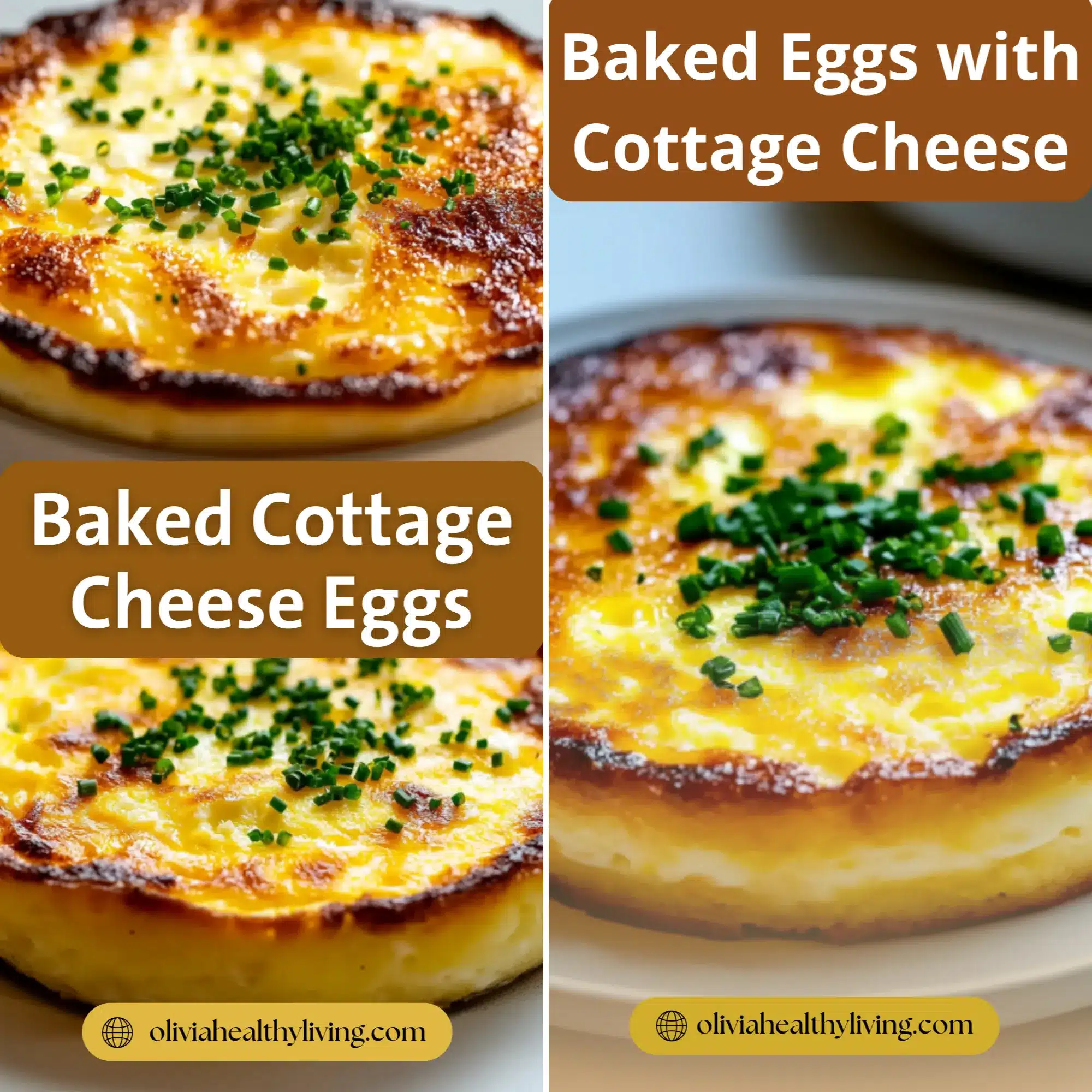 A small baking dish filled with fluffy baked eggs and cottage cheese, garnished with chopped chives and cracked black pepper.

