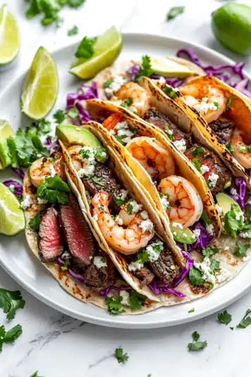 A plate of warm corn tortillas filled with juicy grilled steak and seasoned shrimp, topped with fresh cilantro, diced onions, and a squeeze of lime.