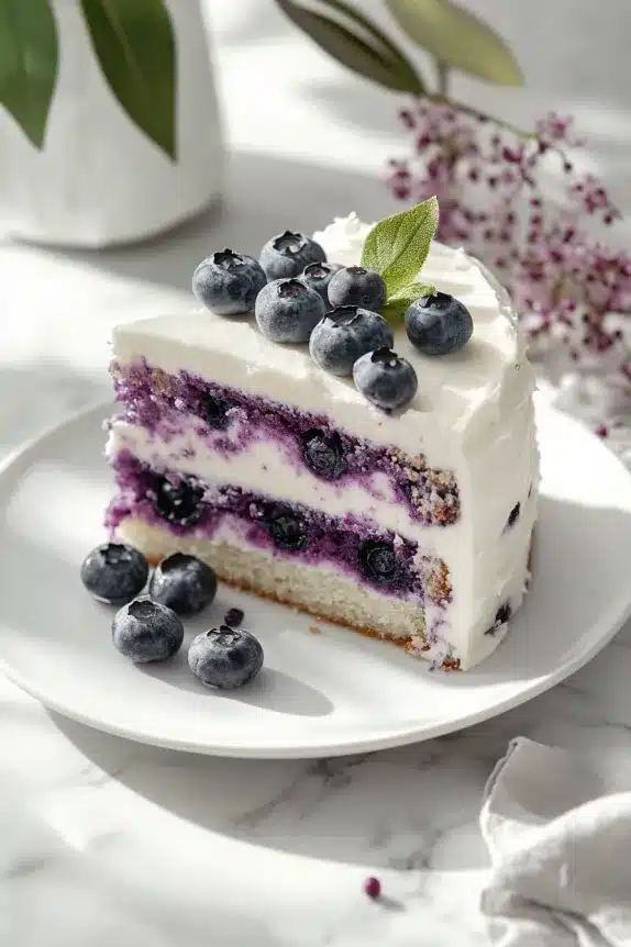 Soft vanilla cake with blueberry filling and cream frosting, topped with fresh blueberries and mint, served on a marble surface.