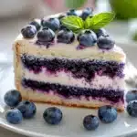Fluffy vanilla cake with blueberry layers, topped with creamy frosting, blueberries, and mint, served on a white plate.