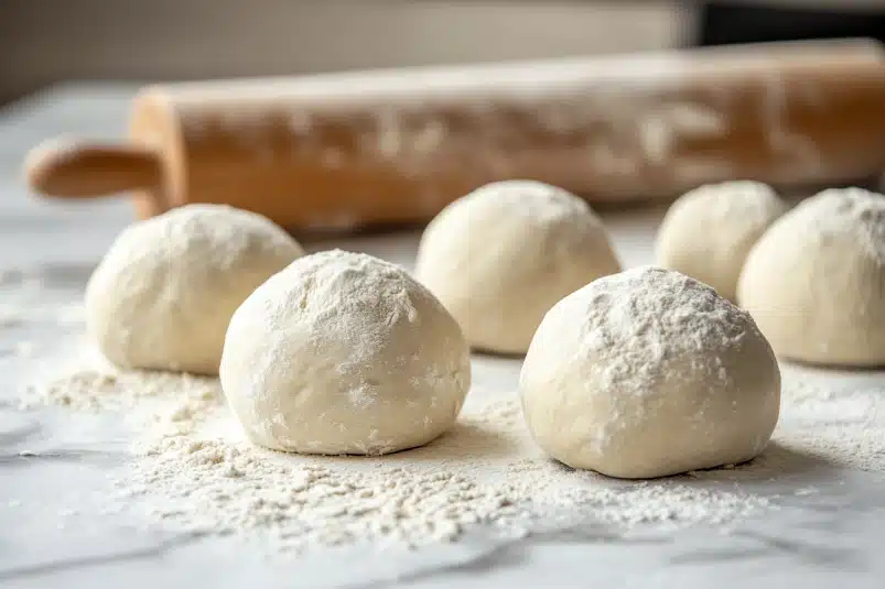 Floured dough balls on a marble surface with a wooden rolling pin in the background.