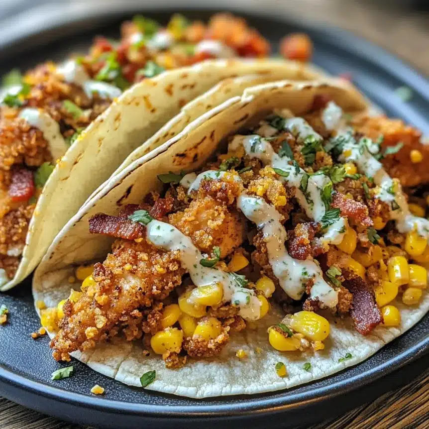 A plate of spicy shrimp tacos with crispy shrimp, corn, bacon, and drizzled with a creamy cilantro lime sauce.