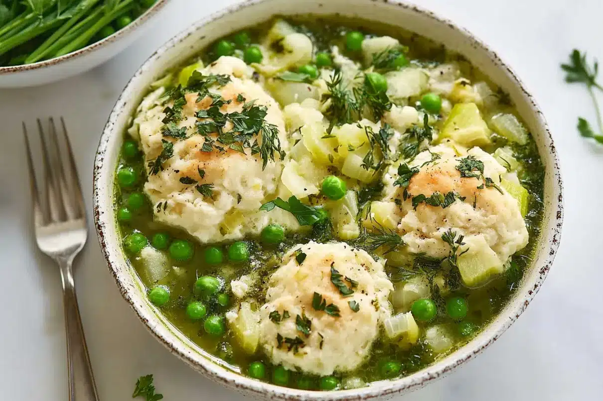 A bowl of chicken and dumplings with fresh peas, herbs, and a golden biscuit topping in a green broth.
