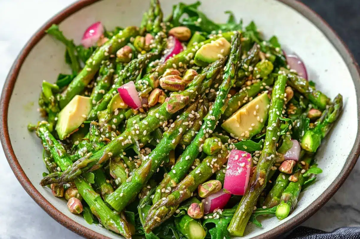 A fresh spring farro salad with asparagus, avocado, radish, pistachios, and sesame seeds in a rustic bowl.