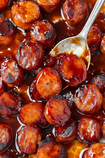 A serving tray with bite-sized sausages coated in a rich BBQ sauce, arranged with toothpicks for easy grabbing.


