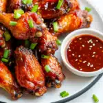 Crispy glazed chicken wings with sesame seeds and green onions, served with dipping sauce.