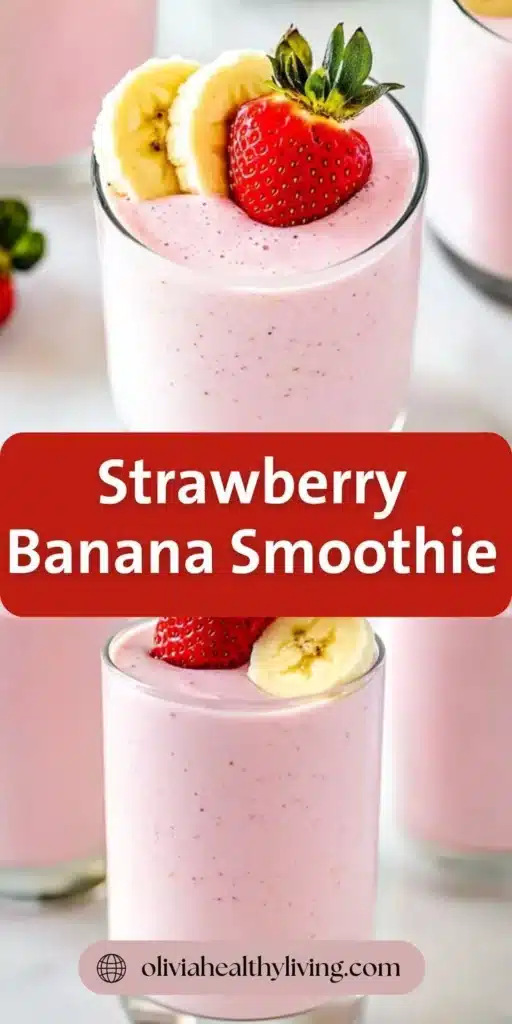 Glass of strawberry banana smoothie with banana slices and a whole strawberry on top, perfect for a refreshing, quick smoothie fix.