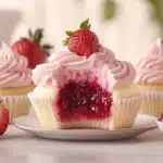 Cupcakes lined up on a cooling rack, each frosted and filled with strawberry jam for a fun and sweet surprise.