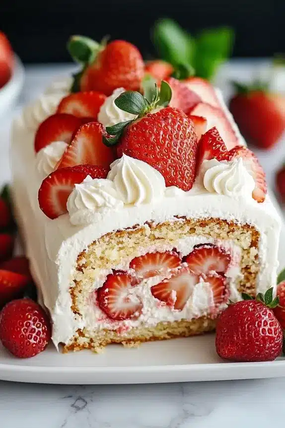 A light sponge cake roll filled with fresh strawberries and whipped cream. The cake is coated with smooth whipped frosting, topped with piped cream swirls and sliced strawberries. Whole strawberries surround the cake, enhancing its vibrant presentation.







