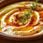 A bubbly, golden cream cheese dip fresh from the oven, drizzled with spicy honey and served with warm, crusty bread for dipping.