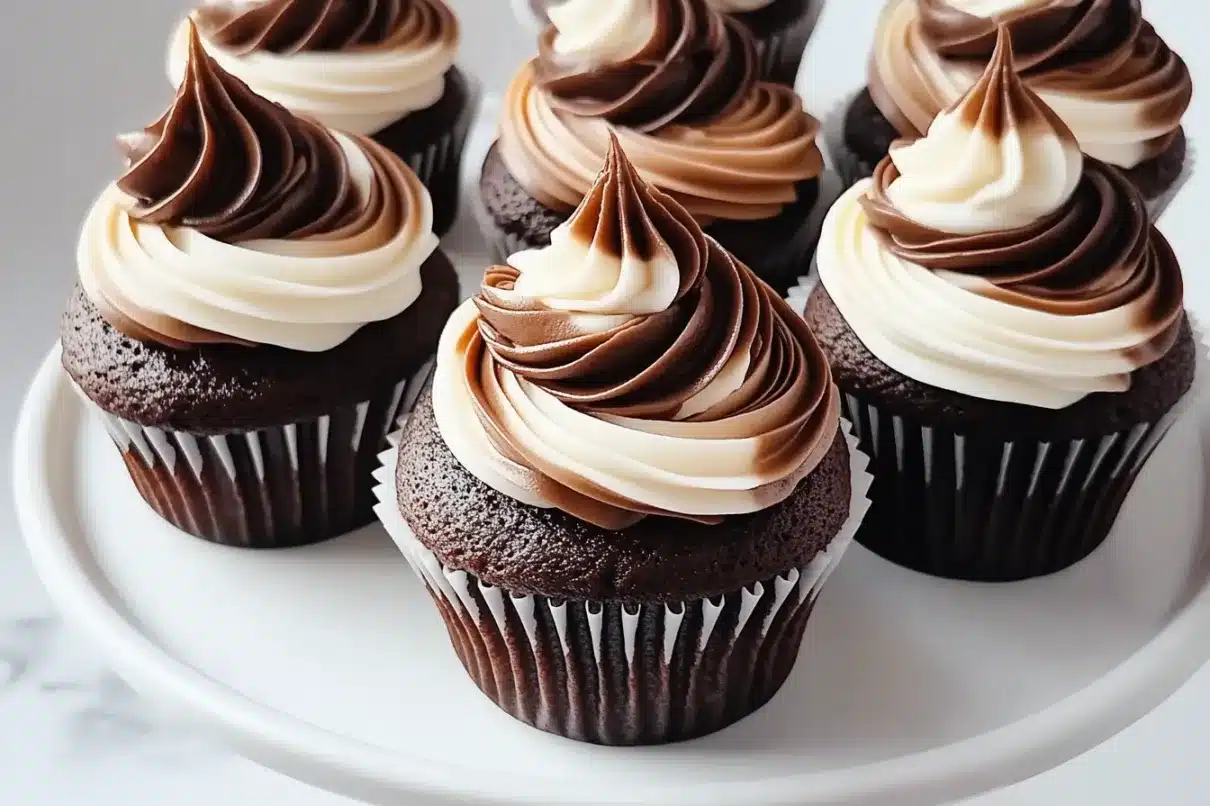 A group of chocolate cupcakes with neatly piped vanilla and chocolate swirled frosting on top.