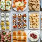 A variety of bite-sized brunch treats, including ham and cheese croissants, deviled eggs, and fruit parfait cups, arranged on a white serving platter.