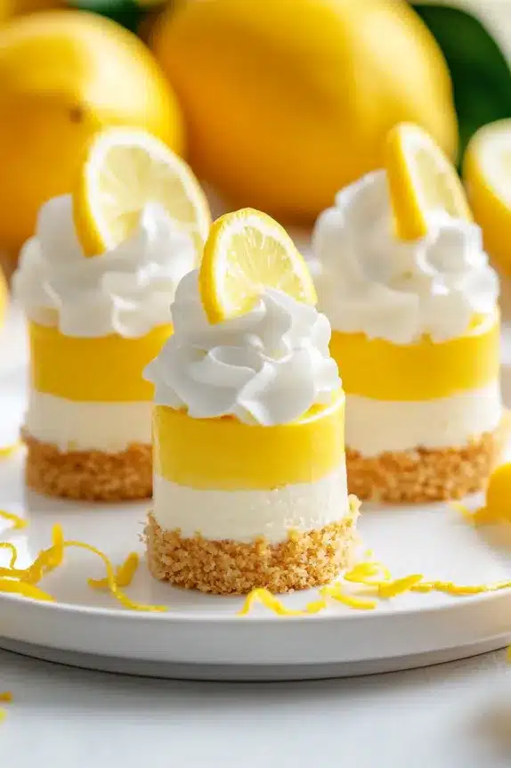 A close-up of individual mini cheesecakes, highlighting the smooth texture of the cheesecake layer and the vibrant contrast of the glossy lemon curd, garnished with fresh lemon slices and zest.

