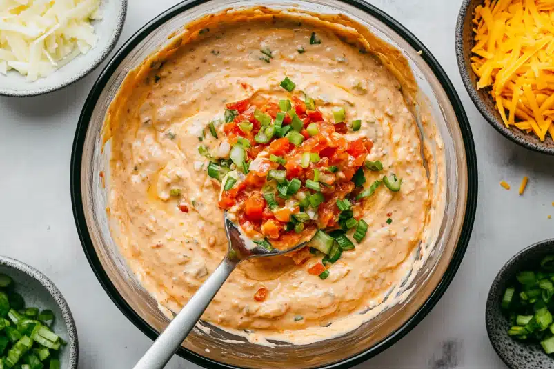 A spoon lifting a scoop of thick and creamy boat dip, showing chunks of Rotel tomatoes and melted cheese throughout.

