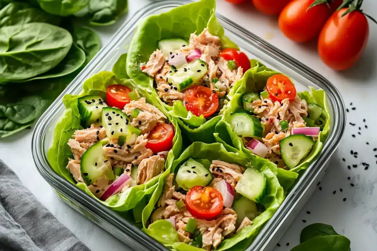 A meal prep box filled with fresh tuna salad in crisp lettuce cups, topped with cherry tomatoes, cucumber slices, and black sesame seeds.