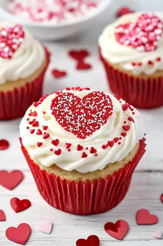 A beautifully frosted cupcake with a red heart sprinkle decoration, surrounded by small heart-shaped sprinkles and other decorated cupcakes in the background.
