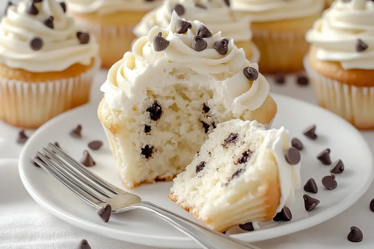 Close-up of a vanilla cupcake with rich frosting and visible chocolate chips inside, served with a fork on a white plate.