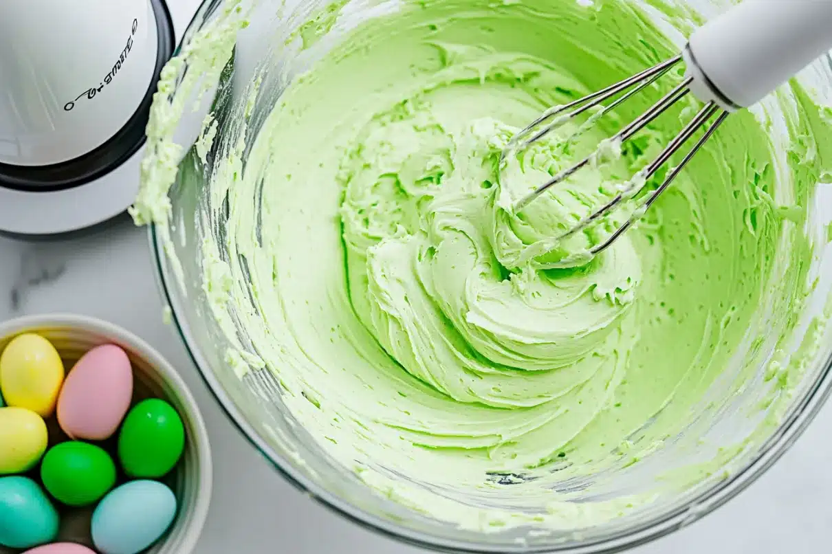 A glass mixing bowl filled with smooth, freshly whipped light green buttercream frosting. A hand mixer’s whisk attachment is coated in the frosting. A bowl of pastel-colored candy eggs sits nearby on a white countertop.