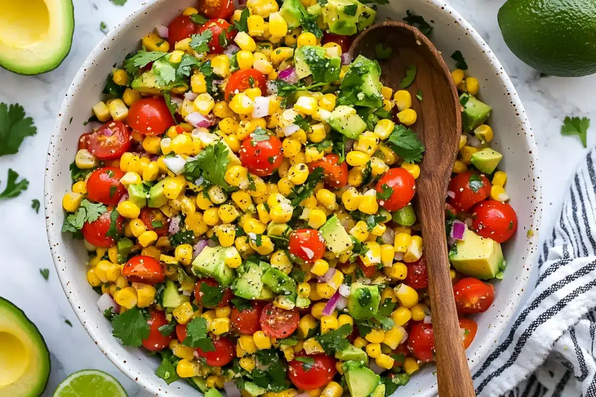 Fully mixed corn salad in a speckled white bowl with avocado, cherry tomatoes, red onion, and cilantro, garnished with black pepper and served with a wooden spoon.

