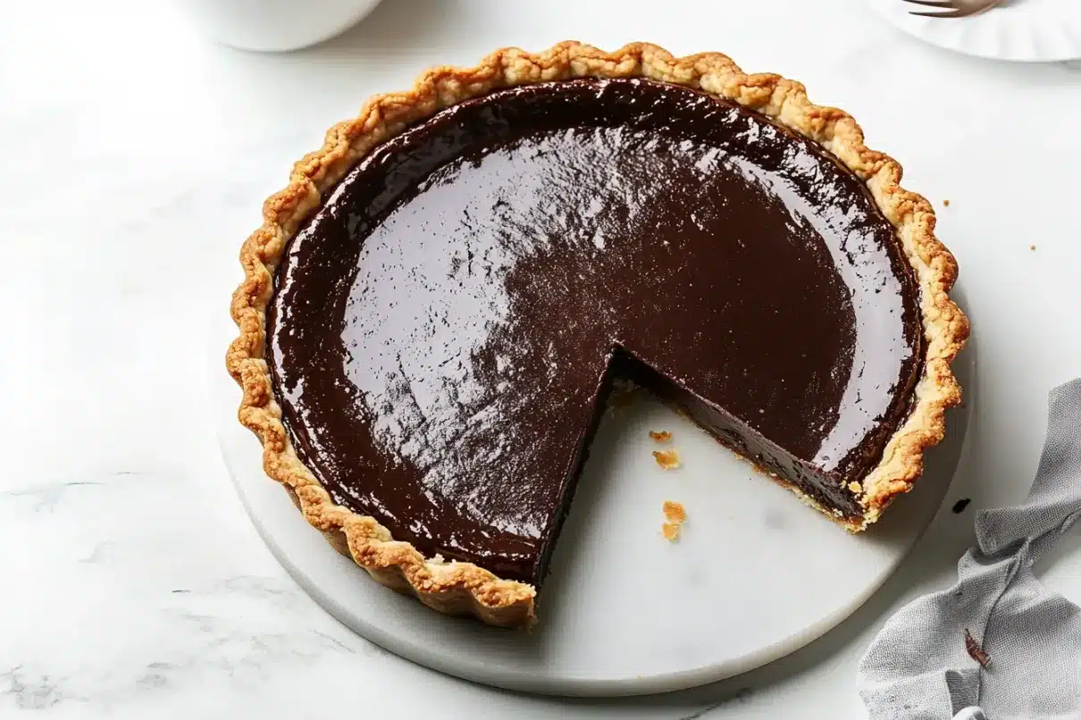 A perfectly baked chocolate chess pie with a deep, shiny chocolate filling and a crisp, golden crimped crust. The pie rests on a round marble serving board, with a slice removed, revealing the fudgy interior.