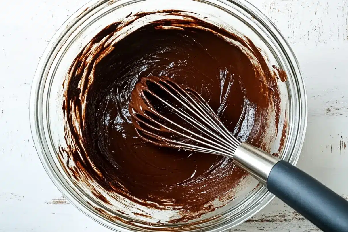 A close-up of a glass mixing bowl filled with thick, velvety chocolate batter. A stainless steel whisk with a black handle is partially submerged, with streaks of dark chocolate coating the sides of the bowl.