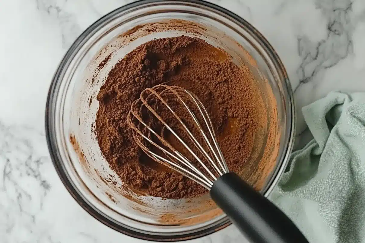 A glass mixing bowl containing cocoa powder, sugar, and other dry ingredients being whisked together. A soft pastel green kitchen towel rests beside the bowl on a marble surface.