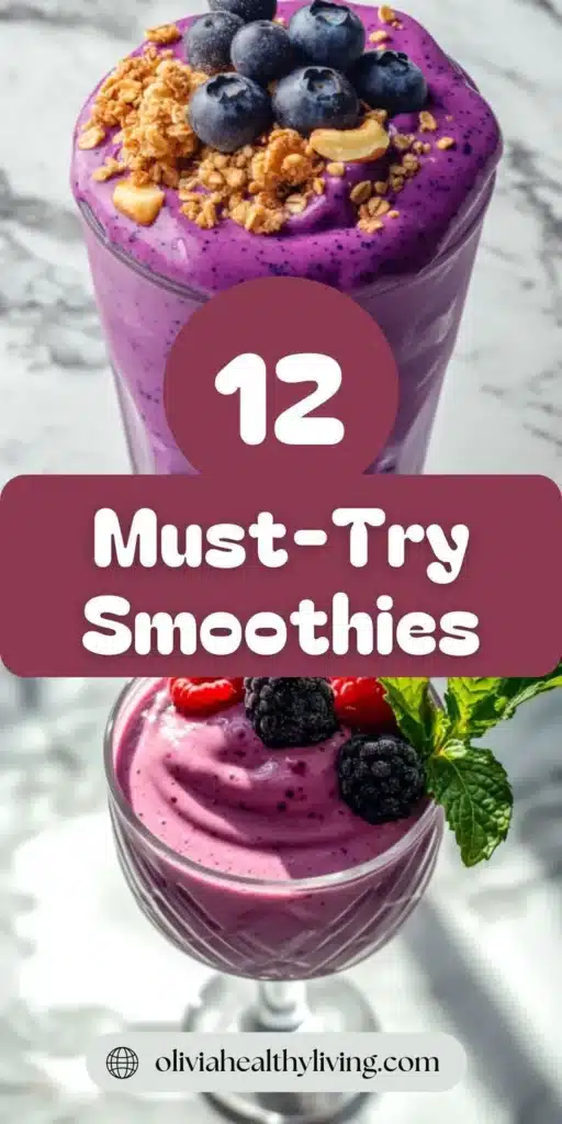 Vibrant purple smoothies topped with blueberries, granola, and mixed berries in elegant glasses, perfect for a healthy breakfast.

