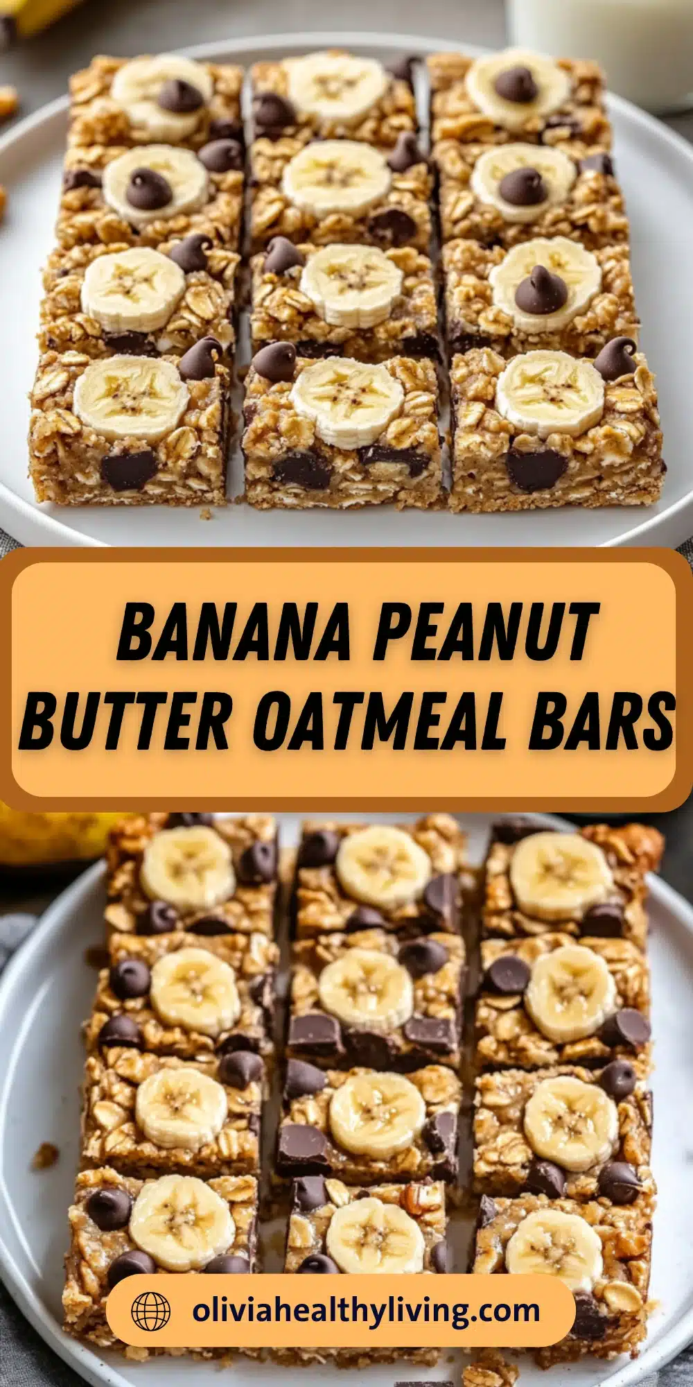  Sliced banana peanut butter oatmeal bars on a white plate with chocolate chips