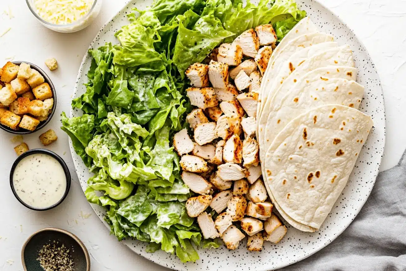 Deconstructed chicken Caesar wrap ingredients on a plate with tortillas