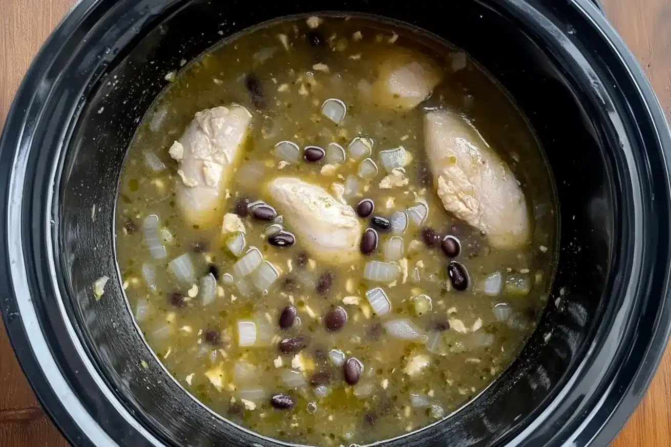 Chicken cooking in broth with beans