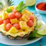 Pineapple and watermelon salad with lime garnish