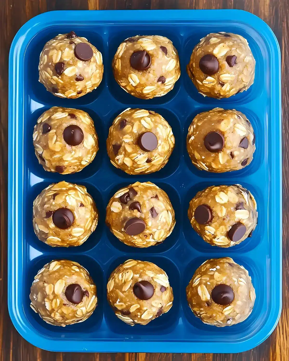 Oatmeal chocolate chip energy balls neatly packed in a blue meal prep container
