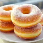 Close-up of freshly made fluffy donuts with cinnamon sugar coating stacked on a white plate showing their soft texture and golden exterior
