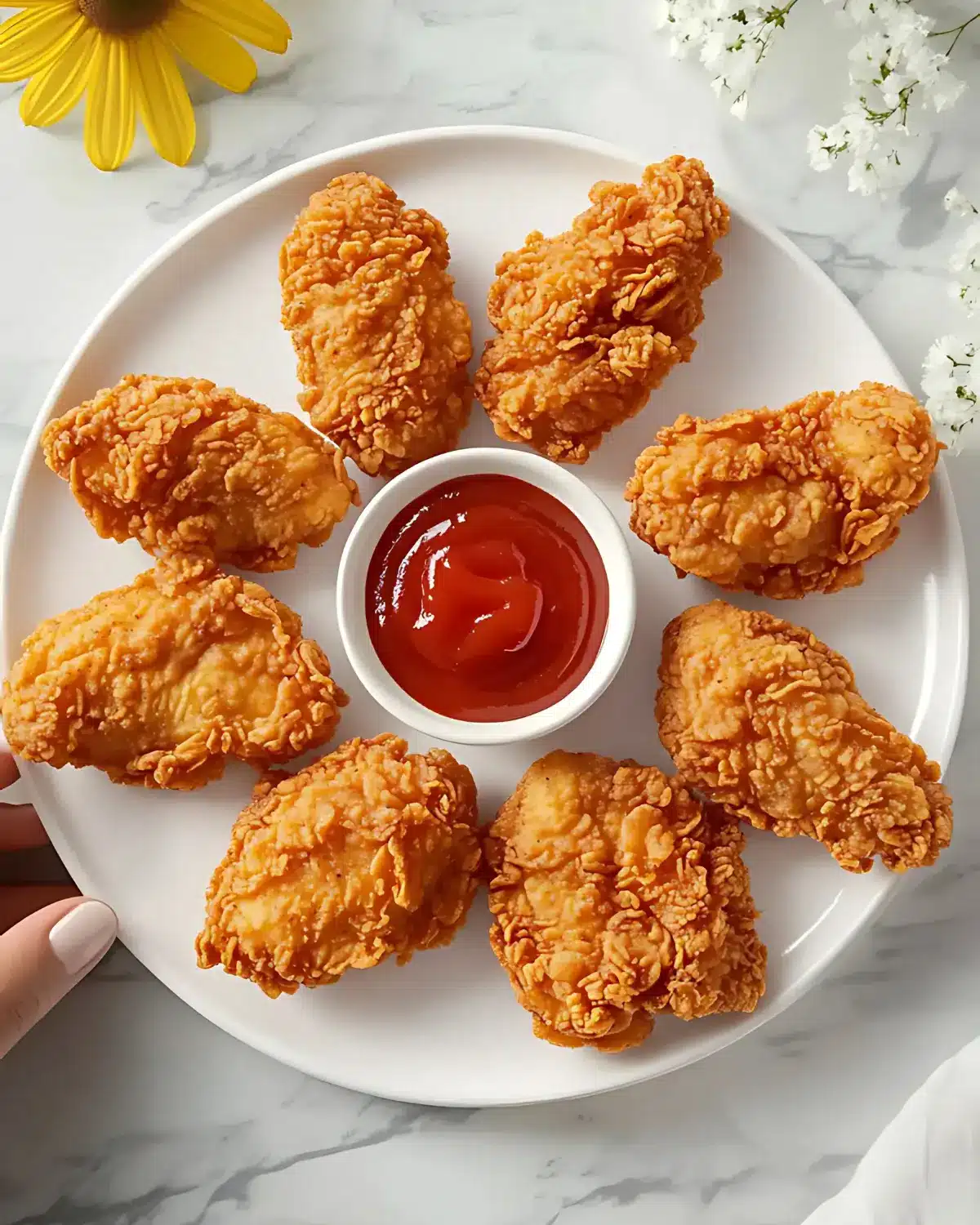 Overhead view of crispy KFC-style chicken tenders arranged in a circle around ketchup dip with sunflower decoration