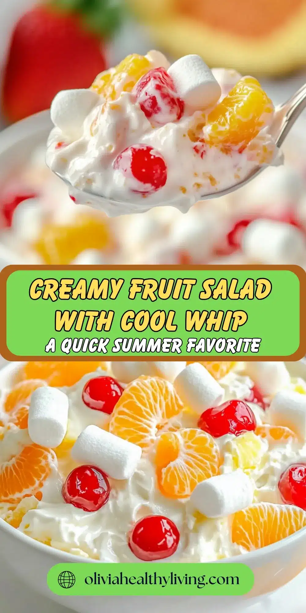 Spoonful of creamy fruit salad with Cool Whip, fruit and marshmallows