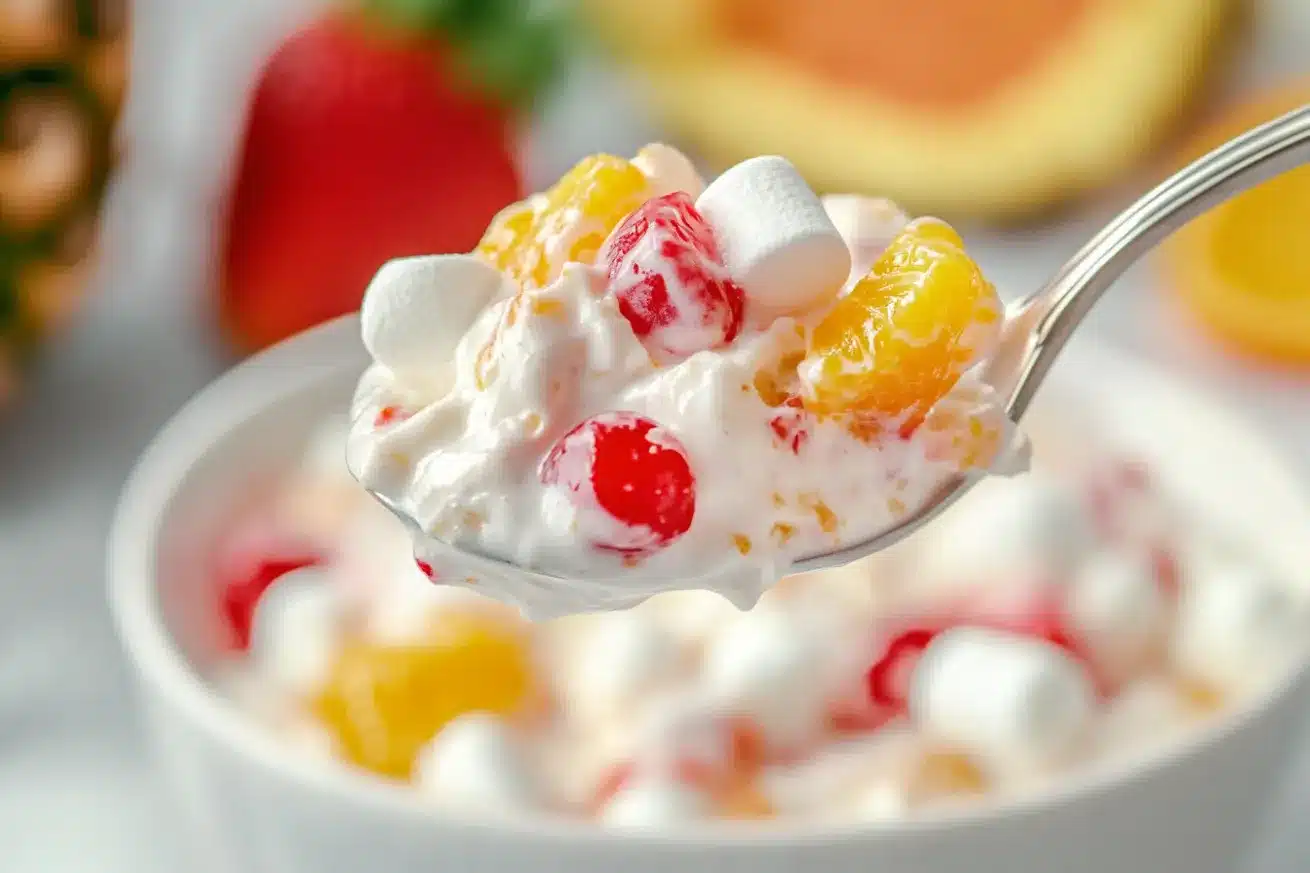 Close-up of spoonful of fruit salad with Cool Whip