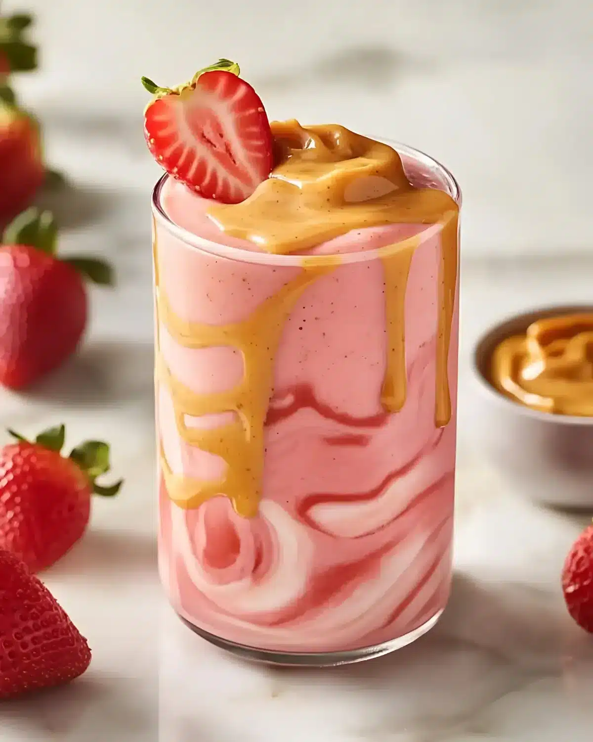 Strawberry banana peanut butter smoothie in a glass with peanut butter drizzle and fresh strawberry garnish