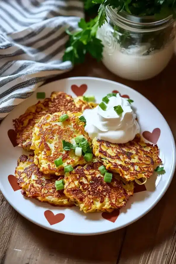 Golden fried cabbage patties stacked on a plate with sour cream and green onions