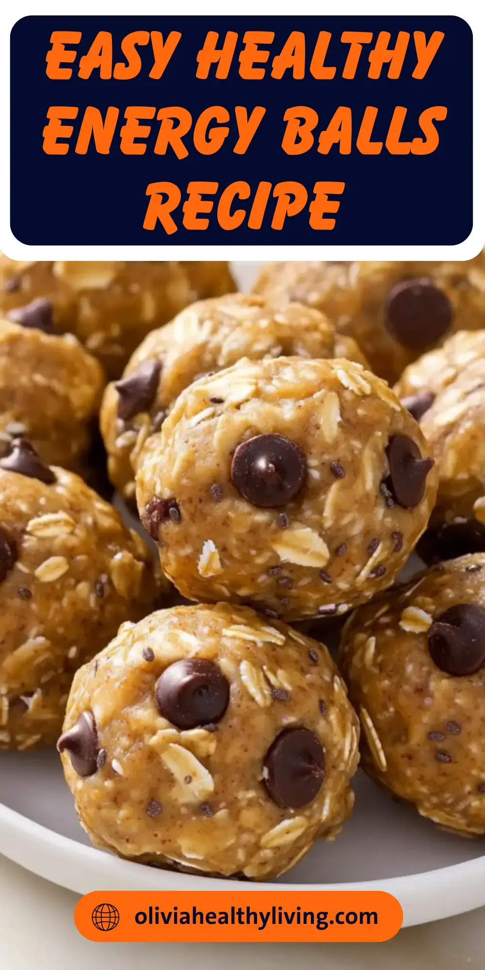Healthy energy balls with oats, peanut butter, chia seeds, and chocolate chips, text overlay promoting recipe
