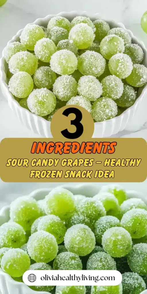 Green grapes coated in sweet and sour candy mixture, frozen and served in a white bowl for a fun, healthy, icy treat.


