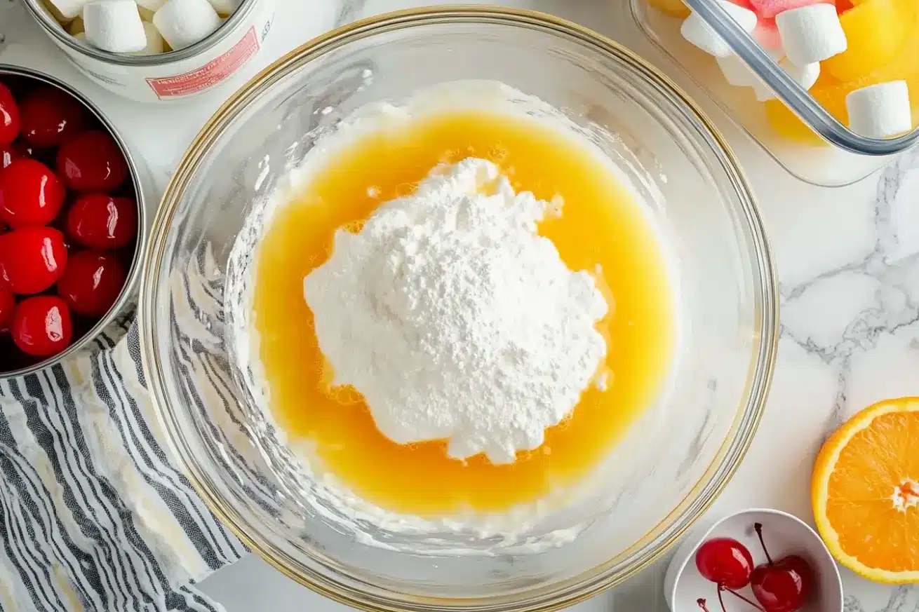 Mixing vanilla pudding with pineapple juice in bowl