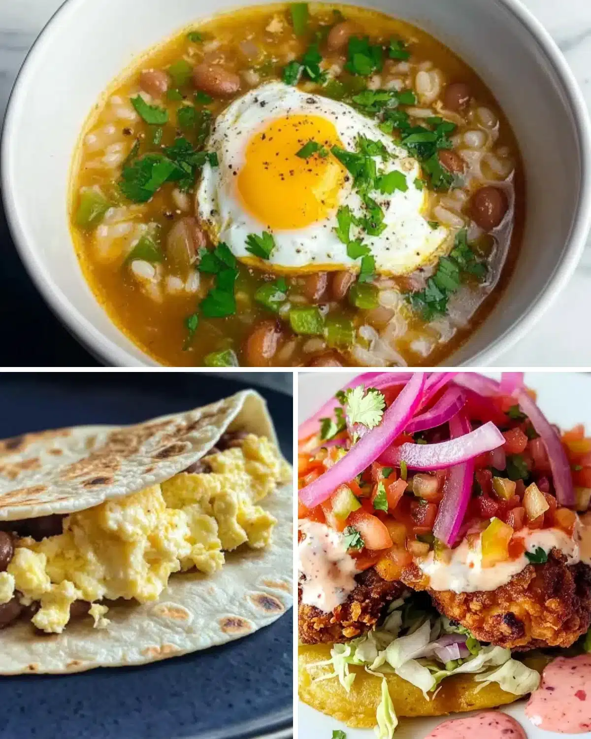 Collage of three traditional Honduran dishes including bean soup, baleadas, and fried chicken with toppings.