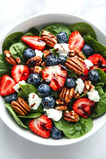 A salad spoon lifting a bite of spinach and strawberry, showing the fresh textures and creamy cheese topping.

