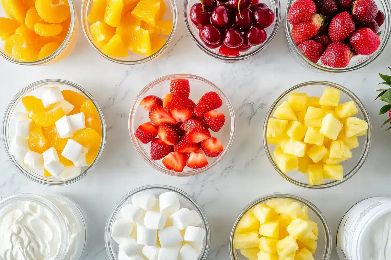 Ingredients for fruit salad in separate bowls before mixing