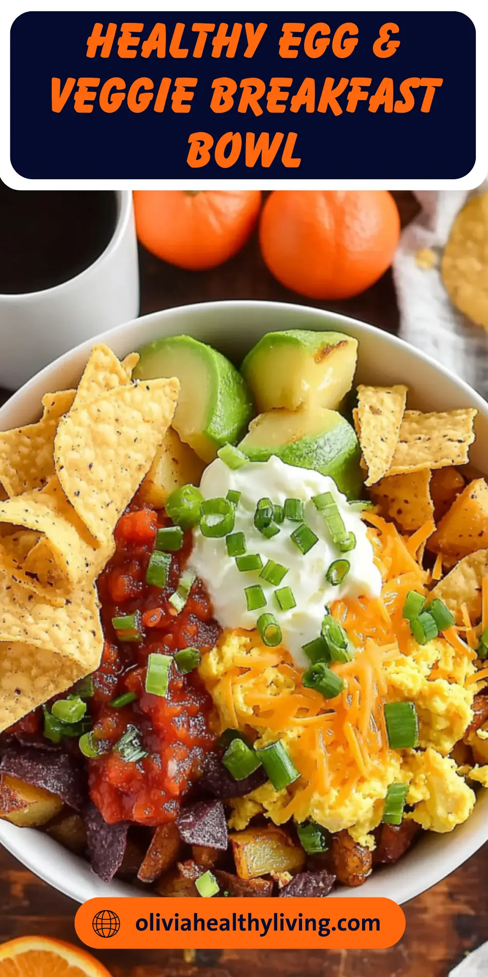 Scrambled egg bowl with avocado, salsa, and chips