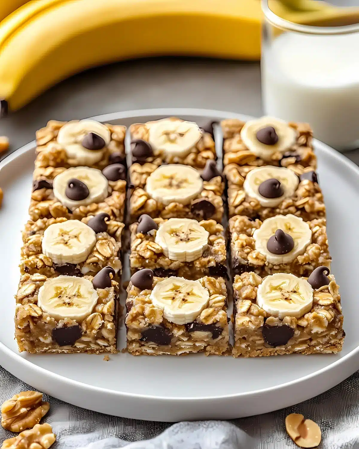 Banana peanut butter oatmeal bars topped with fresh banana slices and chocolate chips