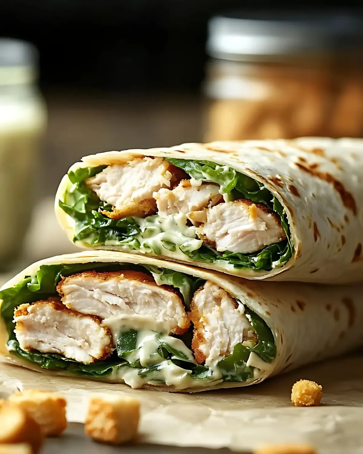 Close-up of chicken Caesar wrap with crispy chicken pieces and fresh lettuce