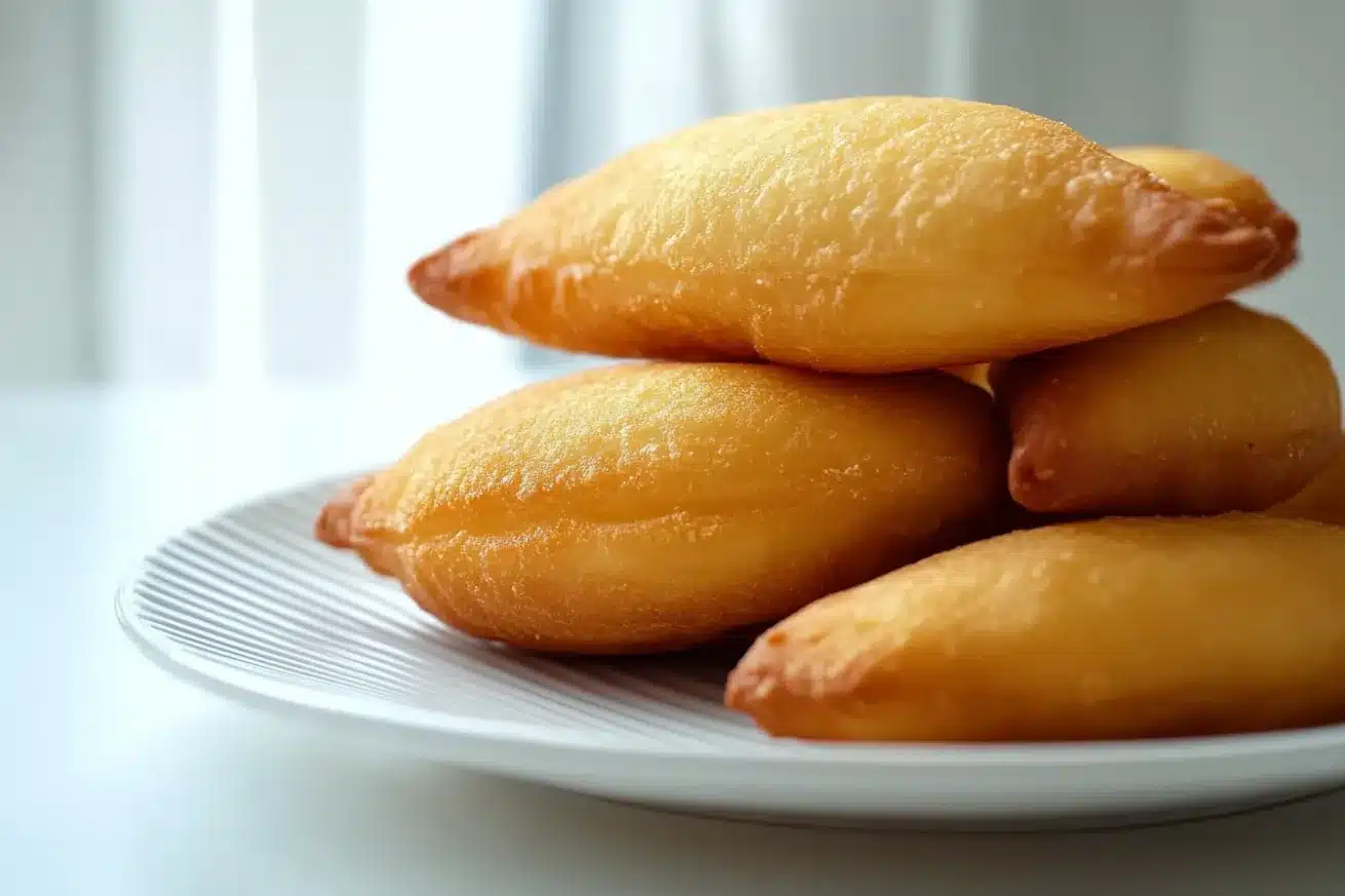 Golden-brown fried beignets (pillow-shaped donuts) stacked on a white plate showing their puffy, airy texture