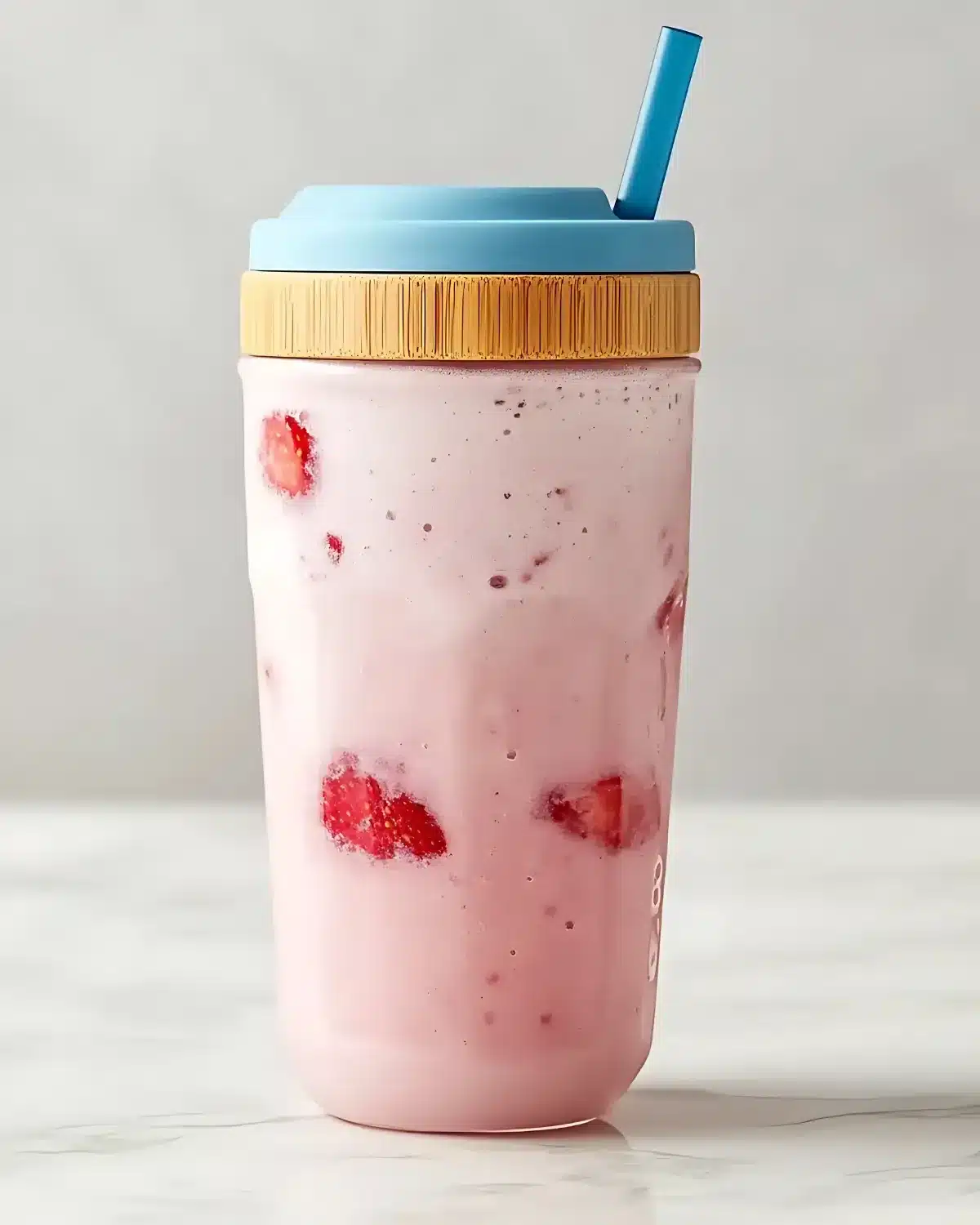 Pink drink with strawberries in tumbler with blue lid